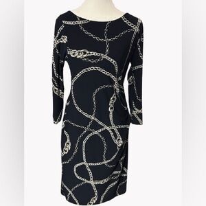 Vintage Ralph Lauren Logo Chains Dress Sz 8 Medium Black Designer Long Sleeved